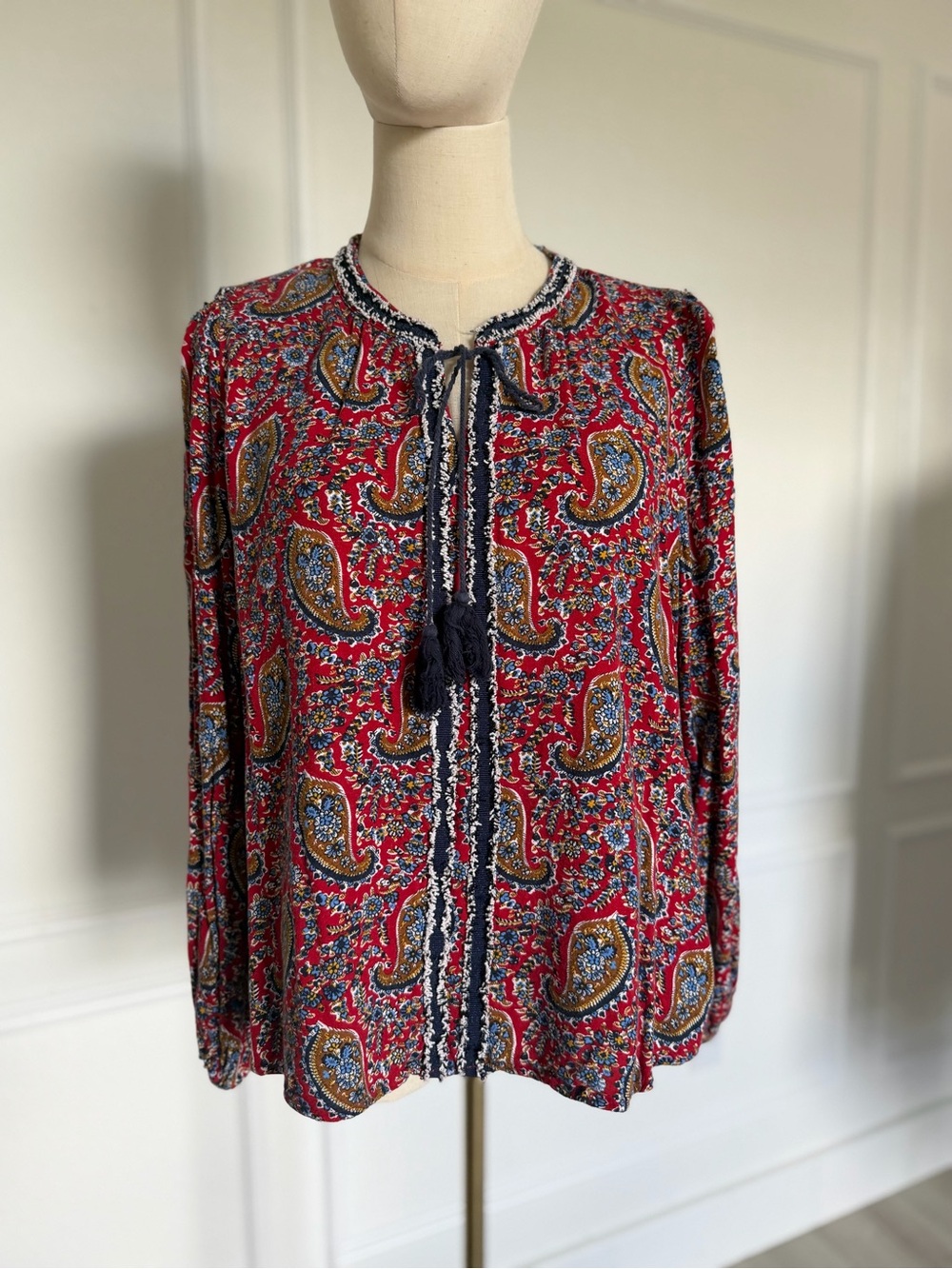 Red Paisley Tie-Neck Blouse with Navy Trim